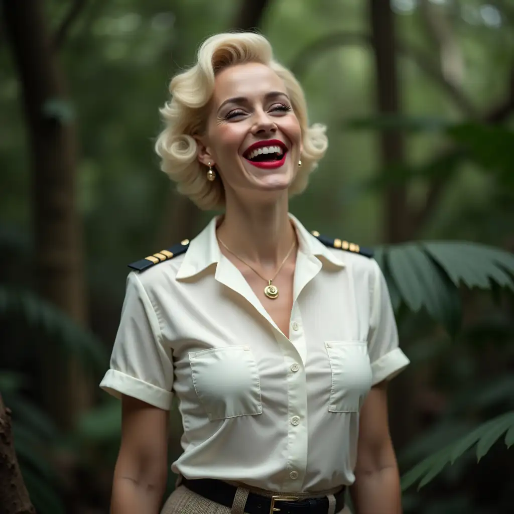 white lady with marilyn monroe face, in white pilot shirt, casually unbuttoned pilot shirt, laughing with her mouth open, red lipstick accentuating her smile, belt on waist, big wide hips, chest are fully grown, jewelry, white buttons on shirt, short hair, HD, jungle, photo-realism