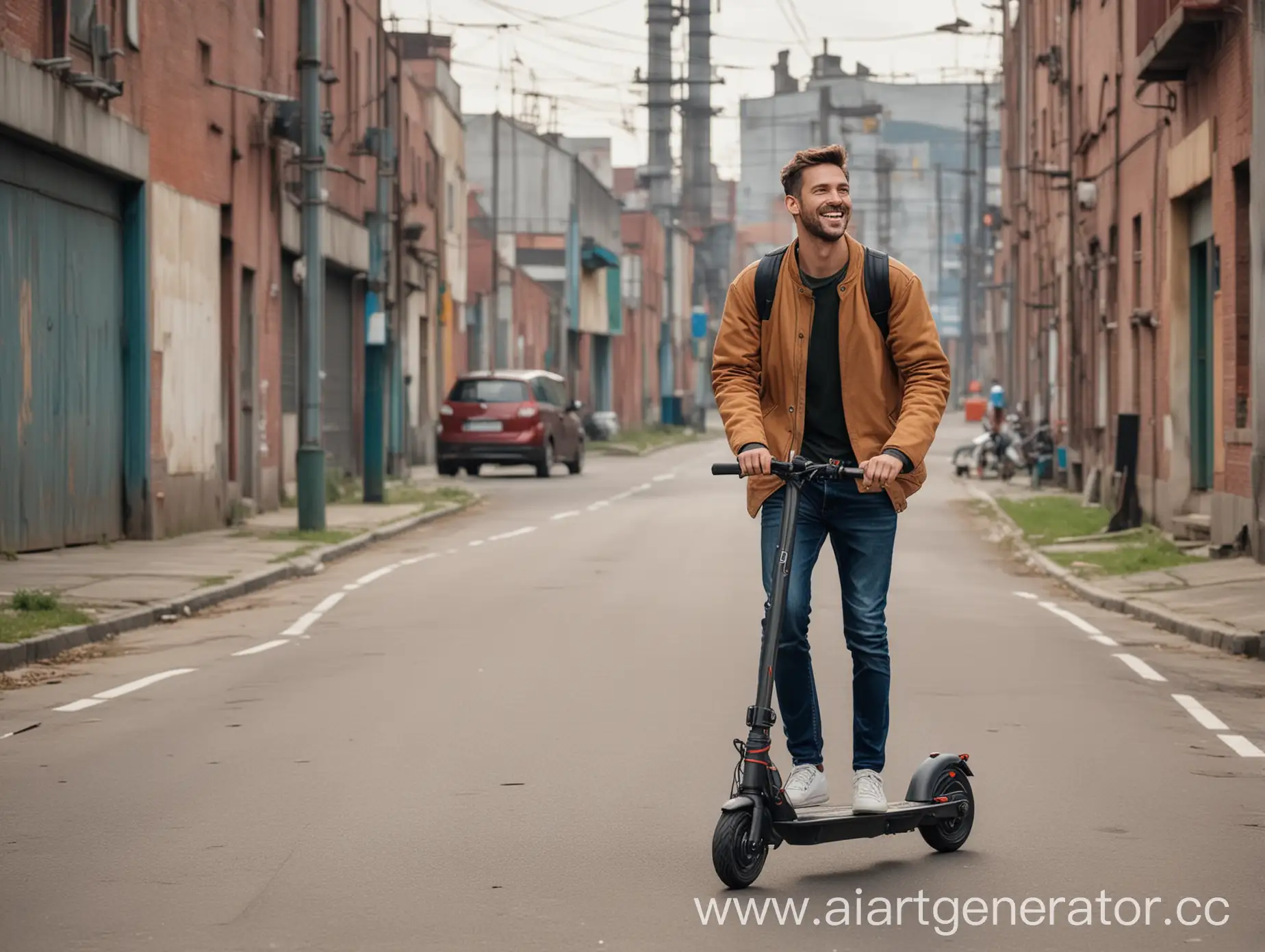 happy man riding along the street among factories on an electric scooter