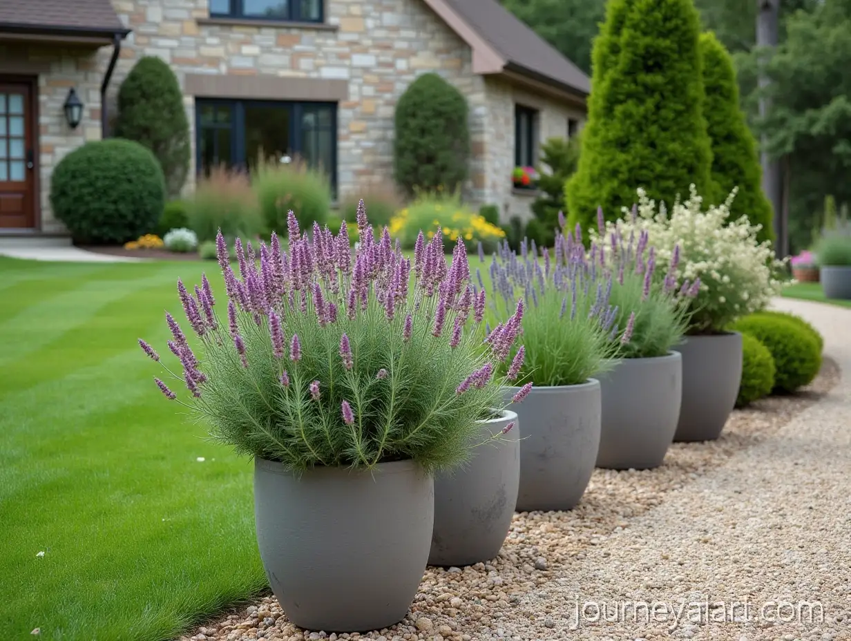 Beautiful-Garden-Yard-with-Large-Planters-Featuring-Lavender-Pink-Flowers