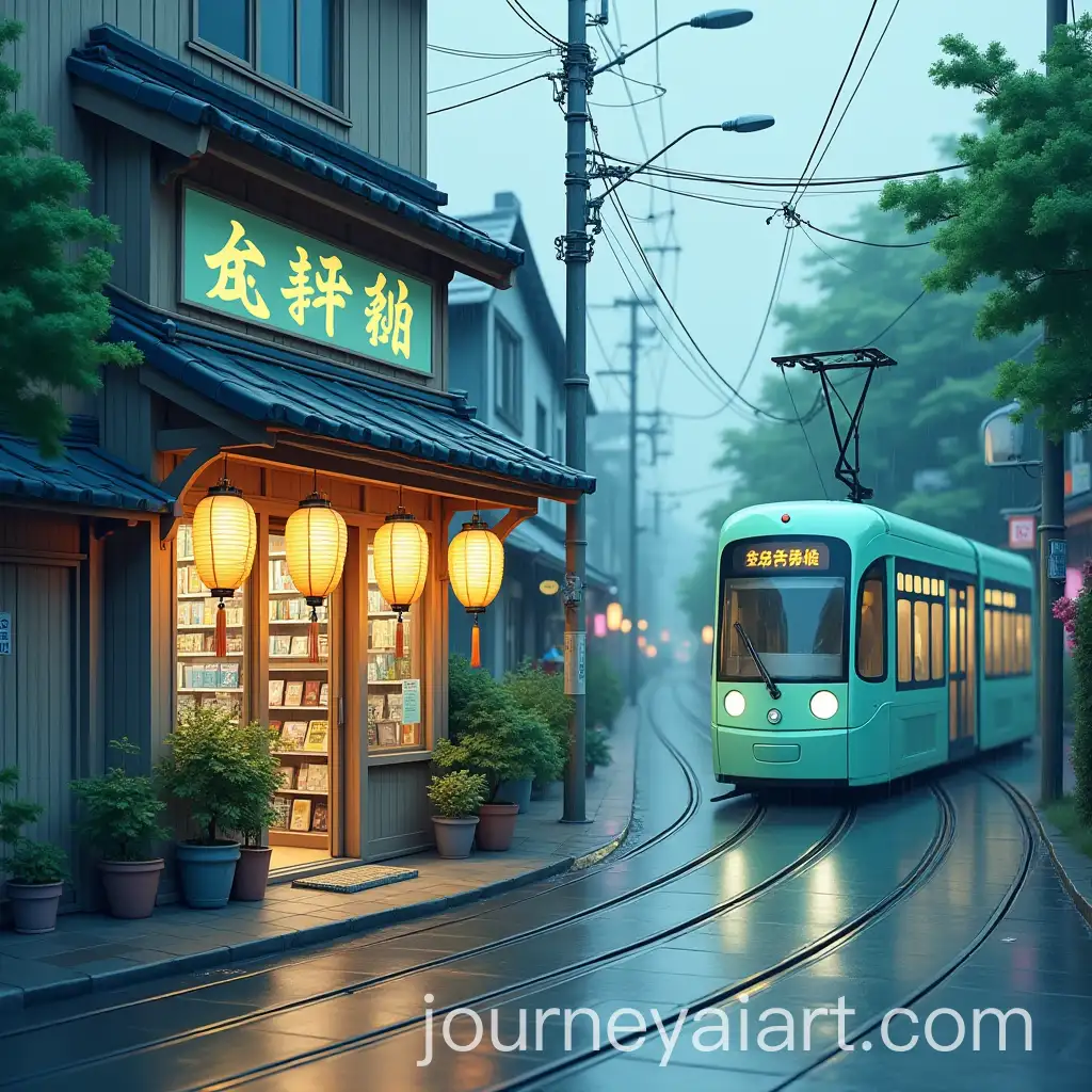 Serene-Rainy-Urban-Street-at-Dawn-with-Traditional-Japanese-Bookstore