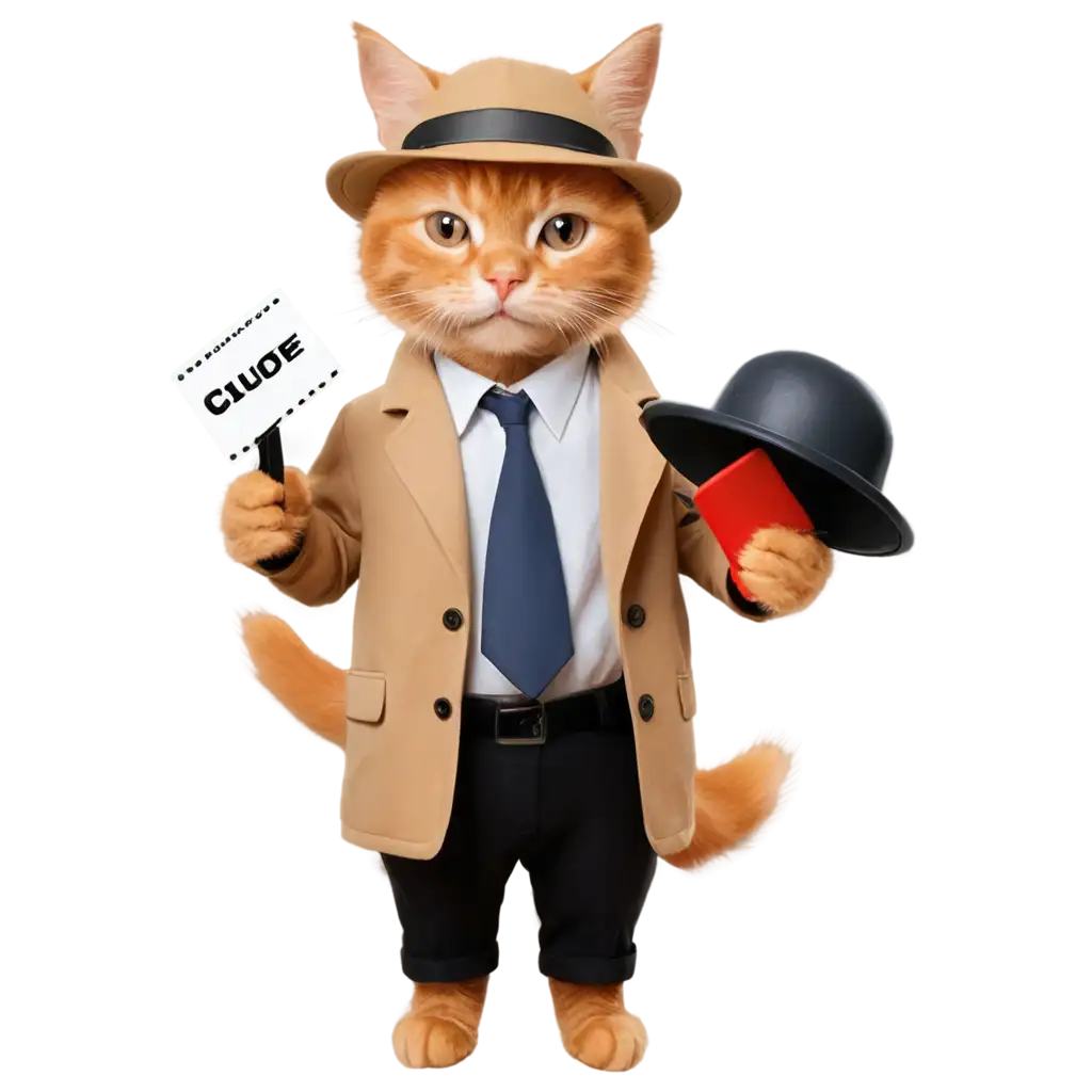 A cute Orange Tabby cat dressed as a detective, holding a clue board, PNG format, transparent background.