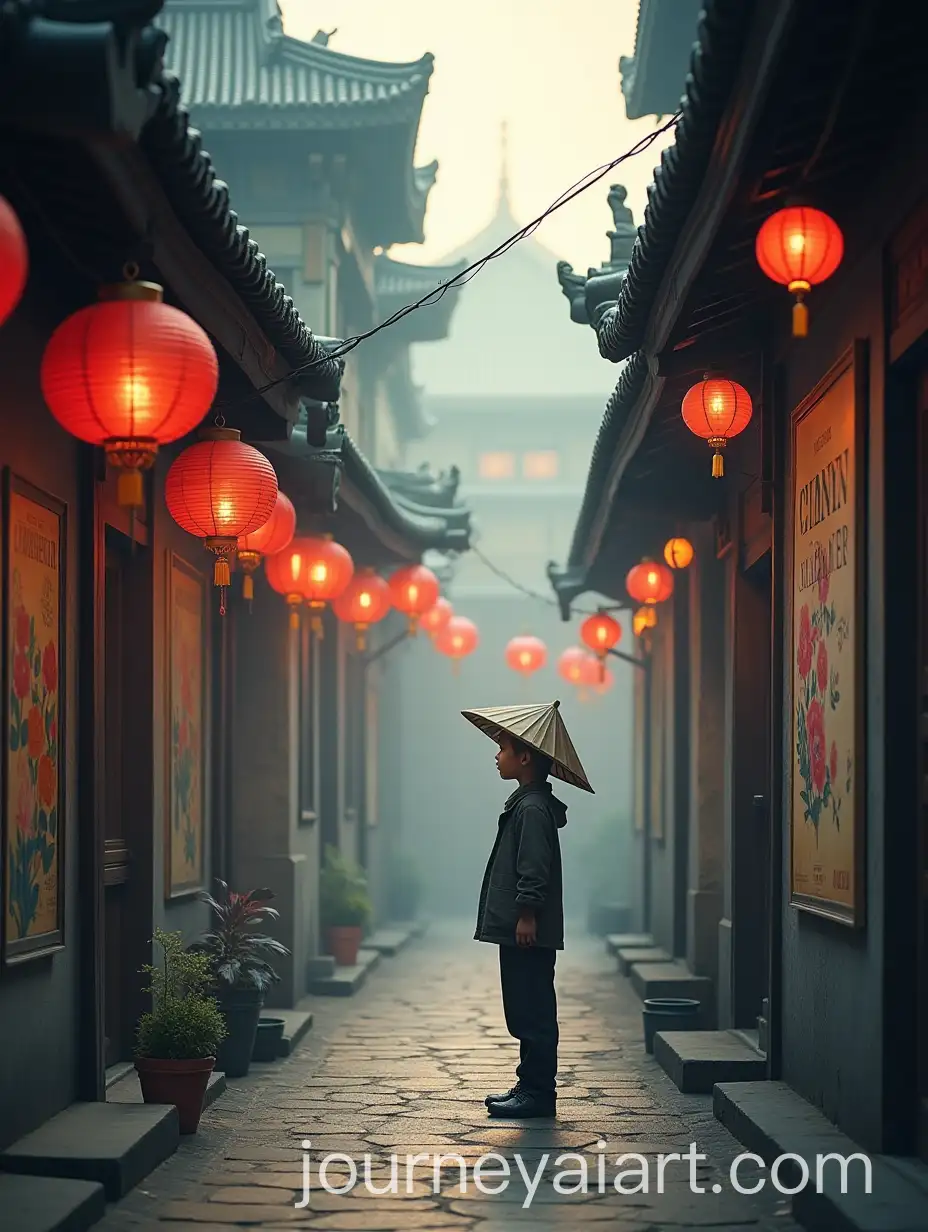 Boy-with-Watermelon-Hat-Hanging-Lanterns-in-Shanghai-Shikumen-Alley-with-Morning-Fog