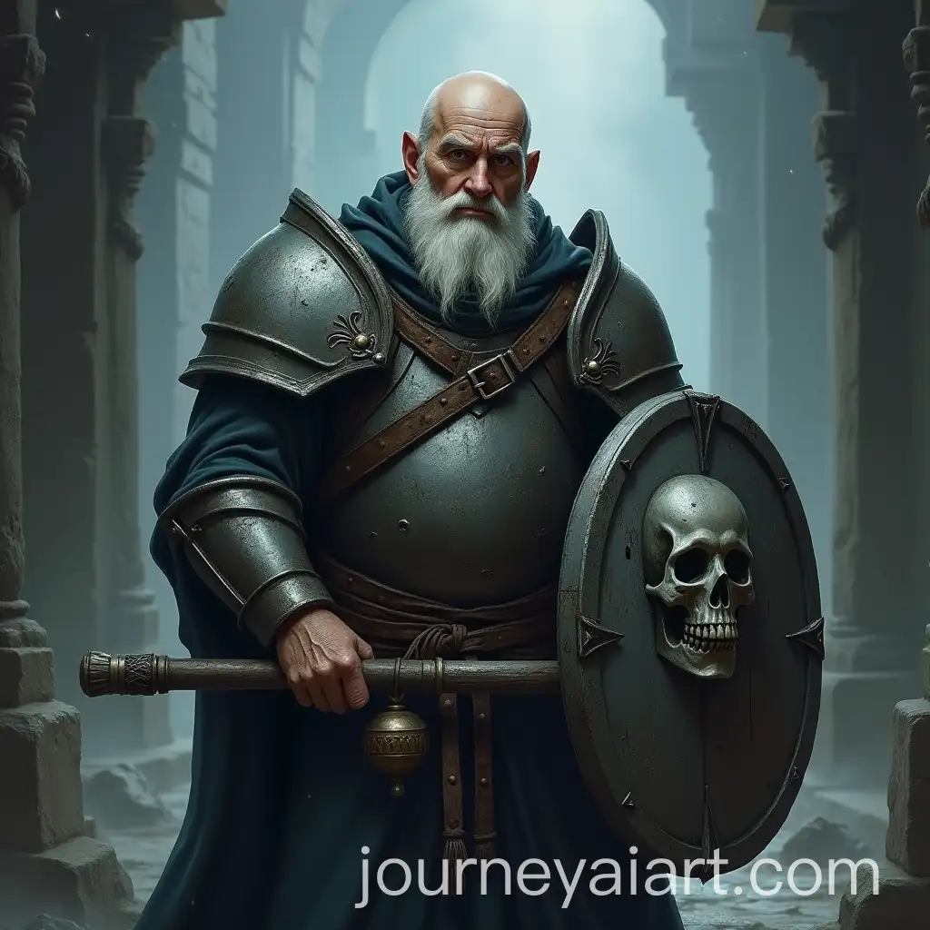 Bald-Elderly-ClericAI-Art-Prompt-Expansion-in-Heavy-Armor-Wielding-Mace-and-Shield-in-Misty-Graveyard
