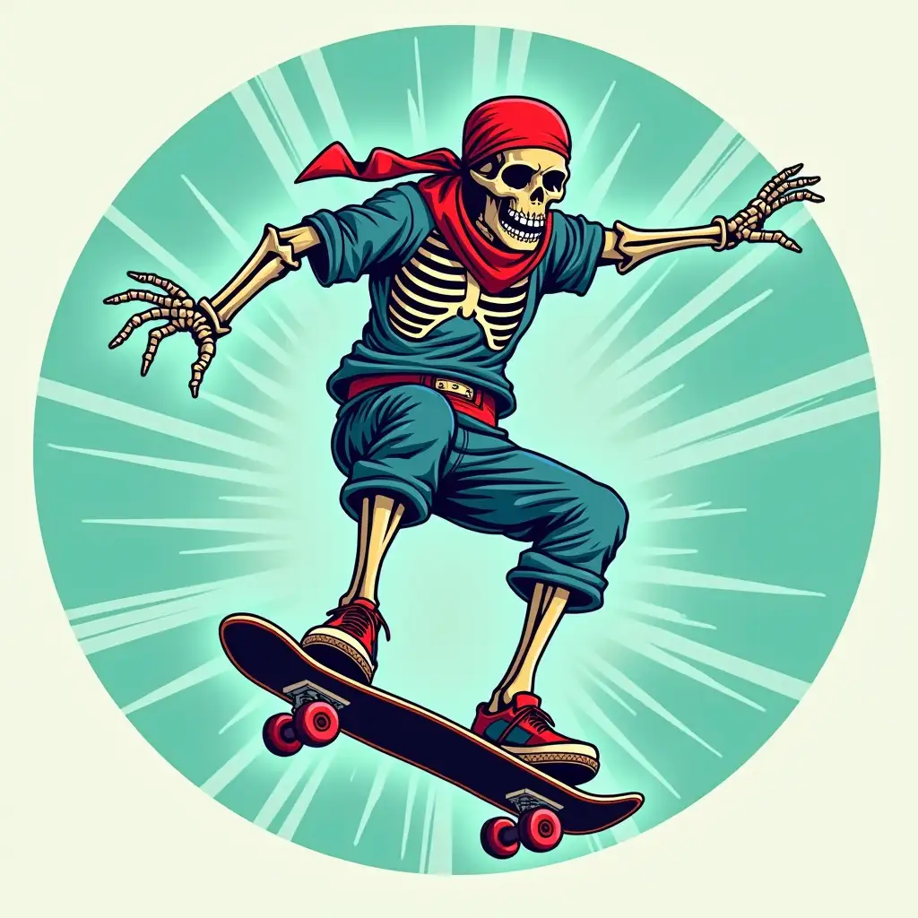 The image depicts a skeleton wearing a red bandana and blue clothing, performing a skateboard trick. The background is a circular, teal gradient with dynamic lines, enhancing the action and movement in the illustration.