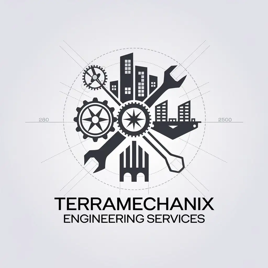 LOGO Design for Terramechanix Engineering Services Gears Compass and Building Silhouettes with a Minimalistic Approach