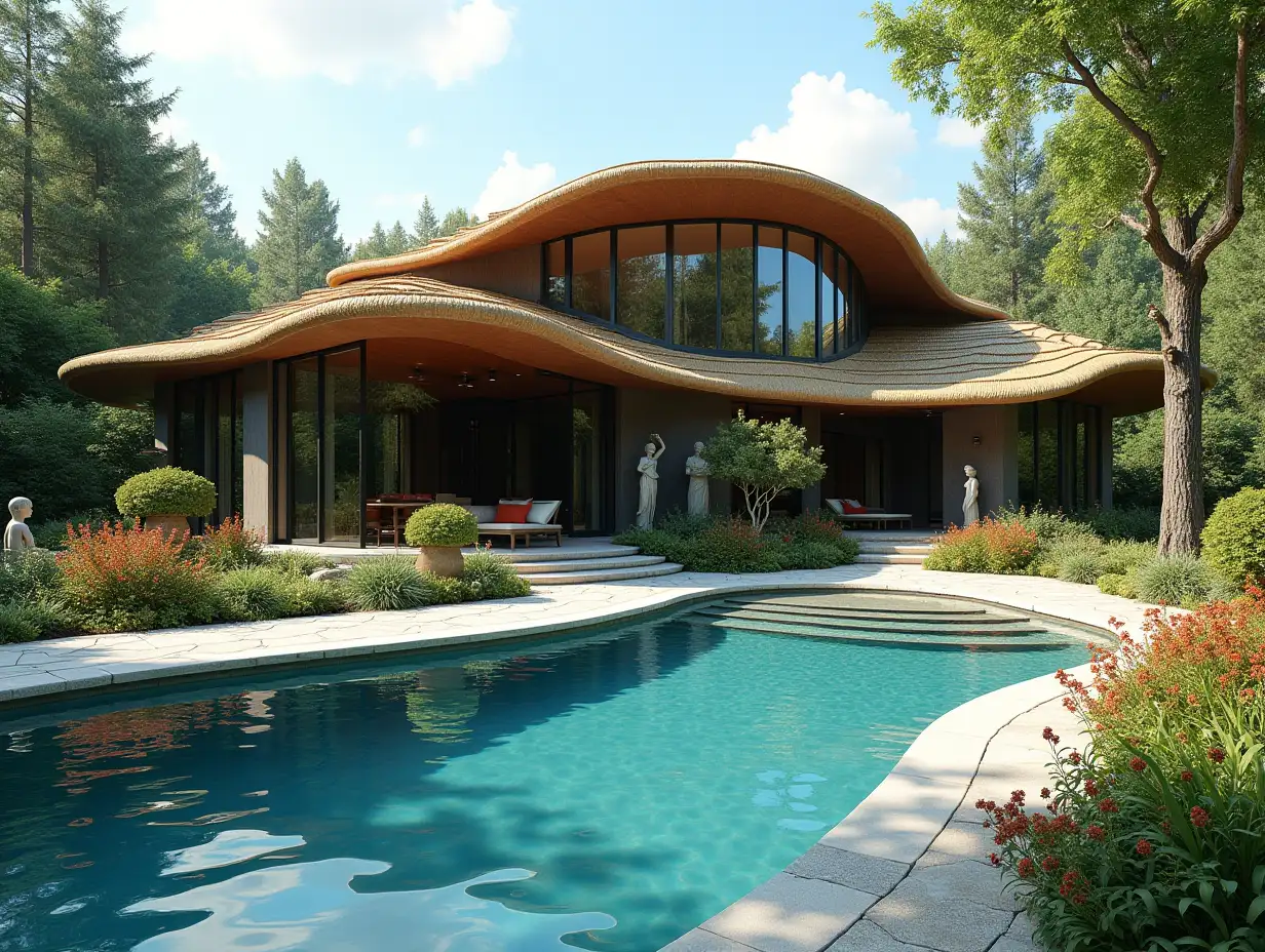 Create a house with curved roof with people,with a large garden and pool with a large,colorful bushes and statues