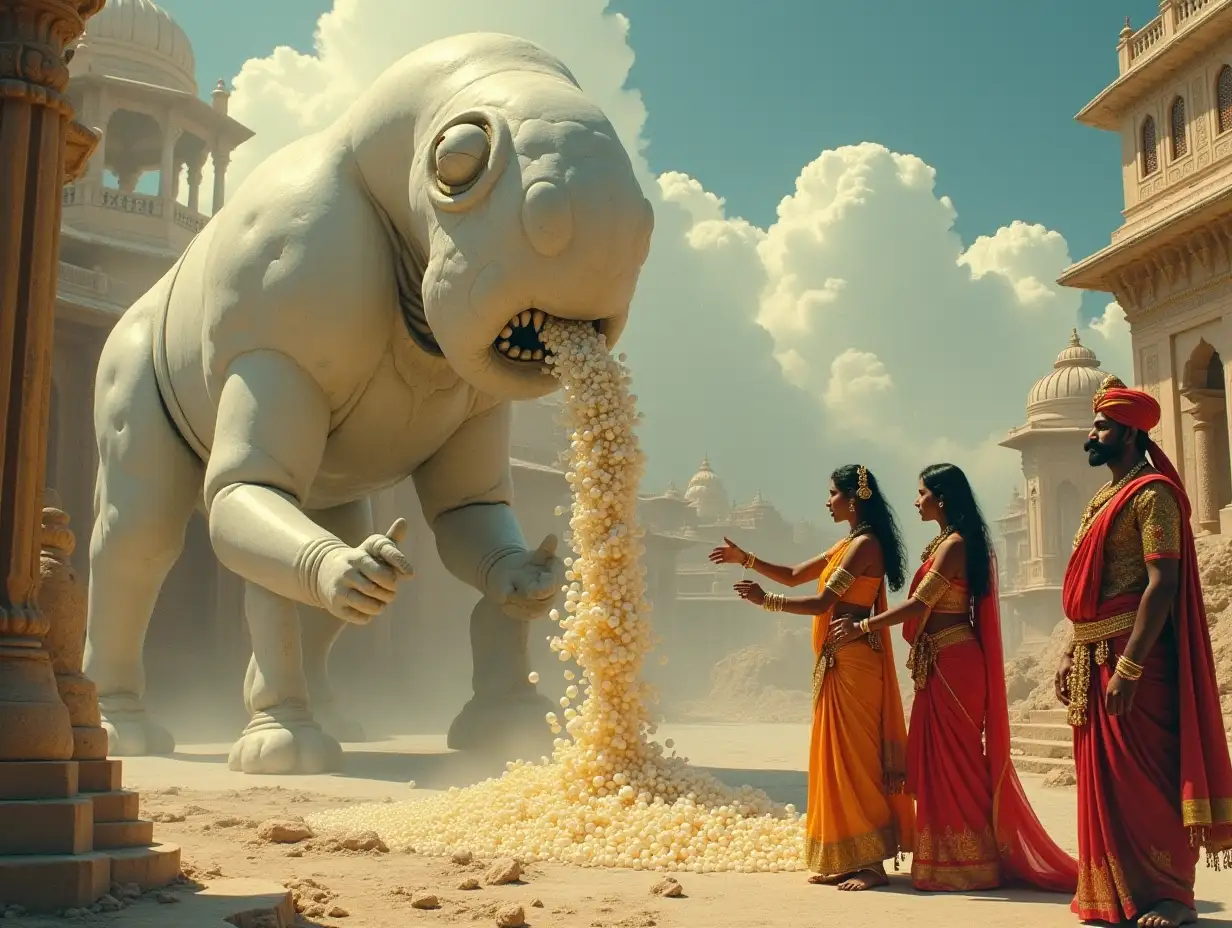 White-Marble-Robot-Pouring-Golden-Foam-into-Hands-of-Hindu-Princess-and-Maharaja-in-Magical-Indian-Landscape