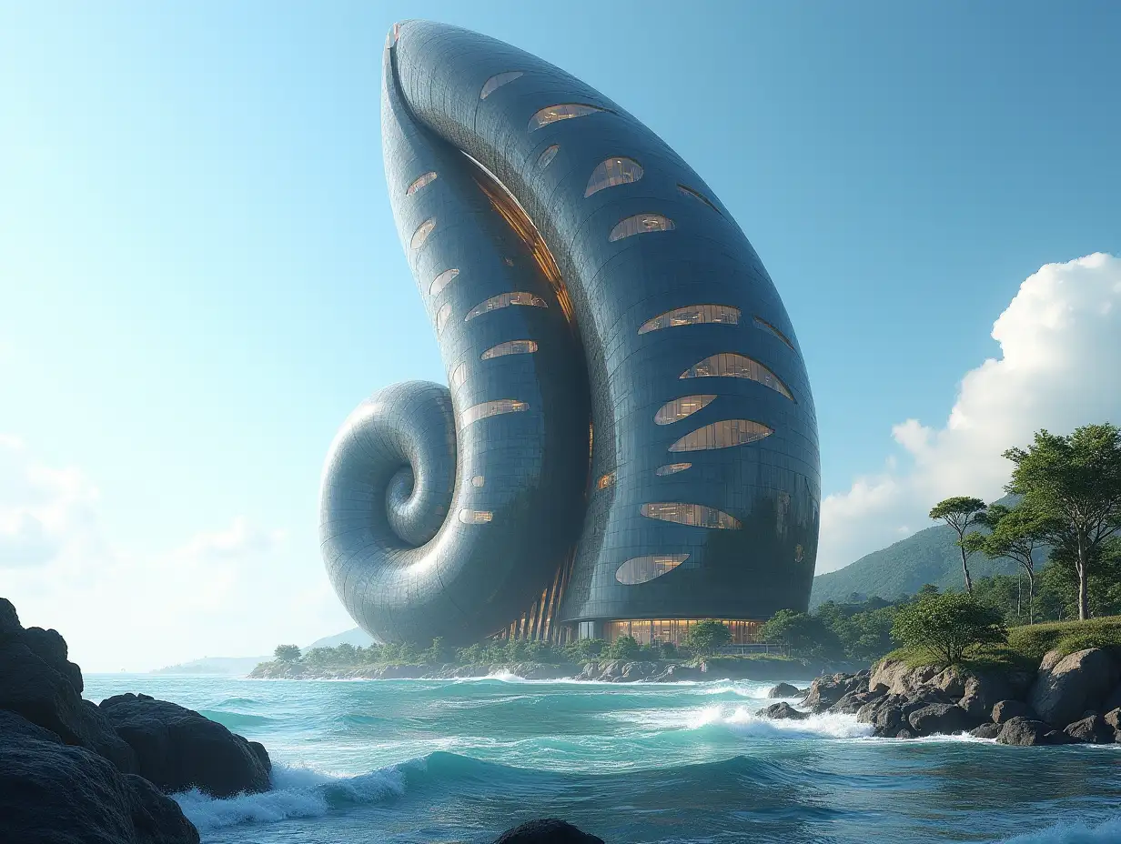 Create a high-resolution, realistic image of a very tall futuristic building with windows twisted like a snail shell with black and gold facades with sea with very large waves, big trees, rocks blue sky