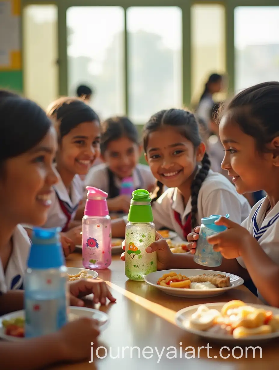 Joyful-Indian-School-Children-Enjoying-Lunch-and-Hydrating-in-Cafeteria