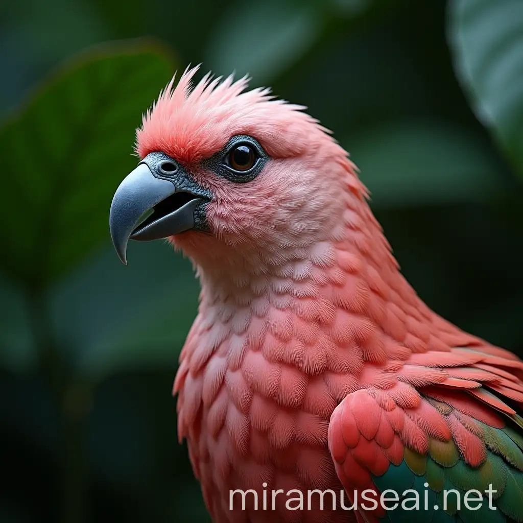 Rare Bird Profile with Vibrant Feathers and Leafy Background