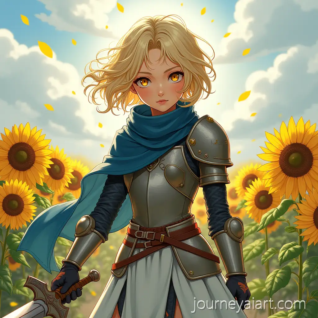 Blonde-CurlyHaired-Warrior-Girl-in-Dark-Blue-Scarf-on-Sunflower-Battlefield