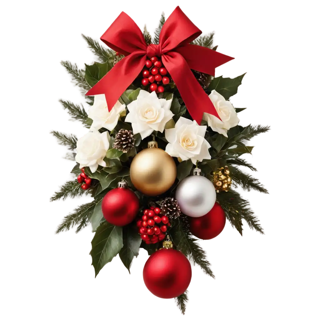 Exquisite-PNG-Image-of-Christmas-Decoration-with-Gold-and-Red-Balls-Holly-Poinsettias-Roses-Berries-and-Silk-Bow