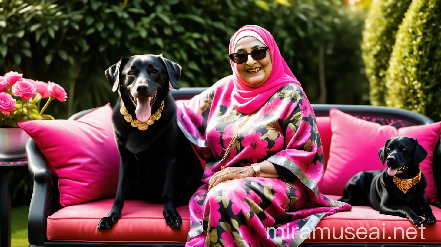 Elderly Muslim Woman with Dog in Luxurious Garden Setting