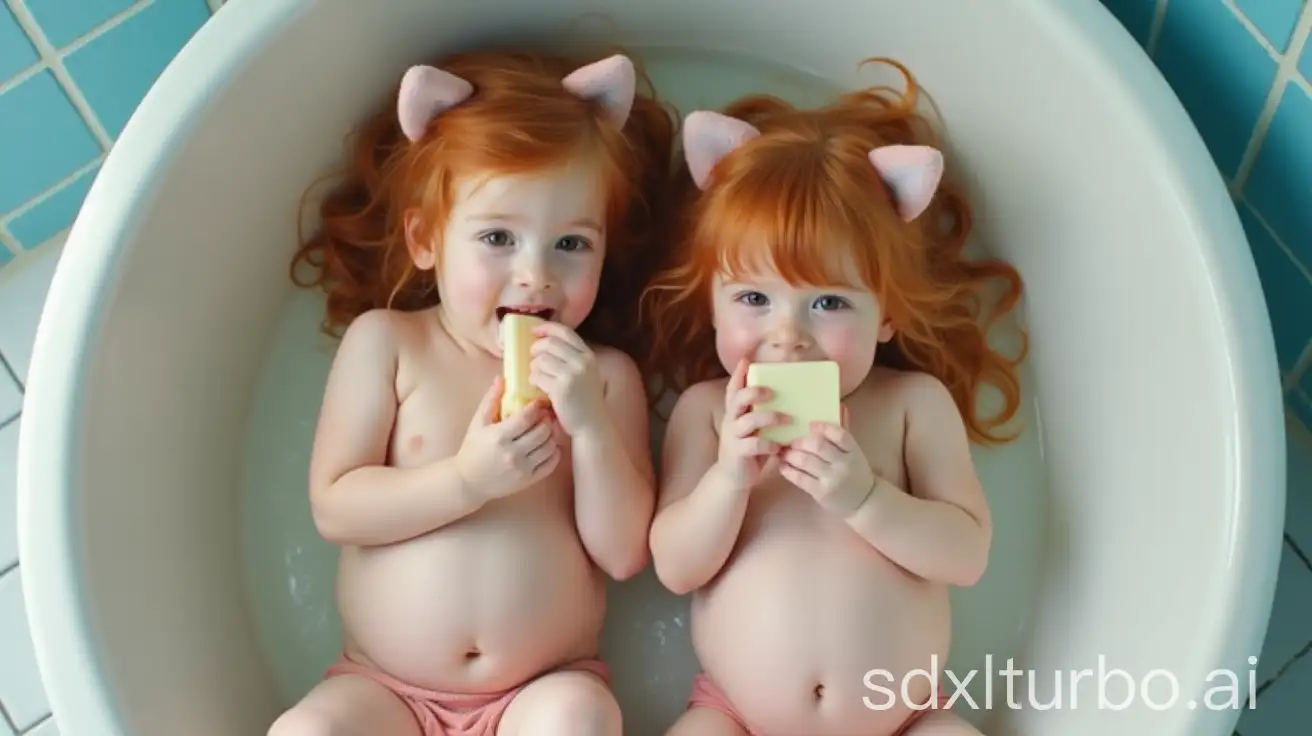 Pregnant-Redhead-Girls-with-Cat-Ears-in-Preschool-Bathtub-Holding-Soap-Bar