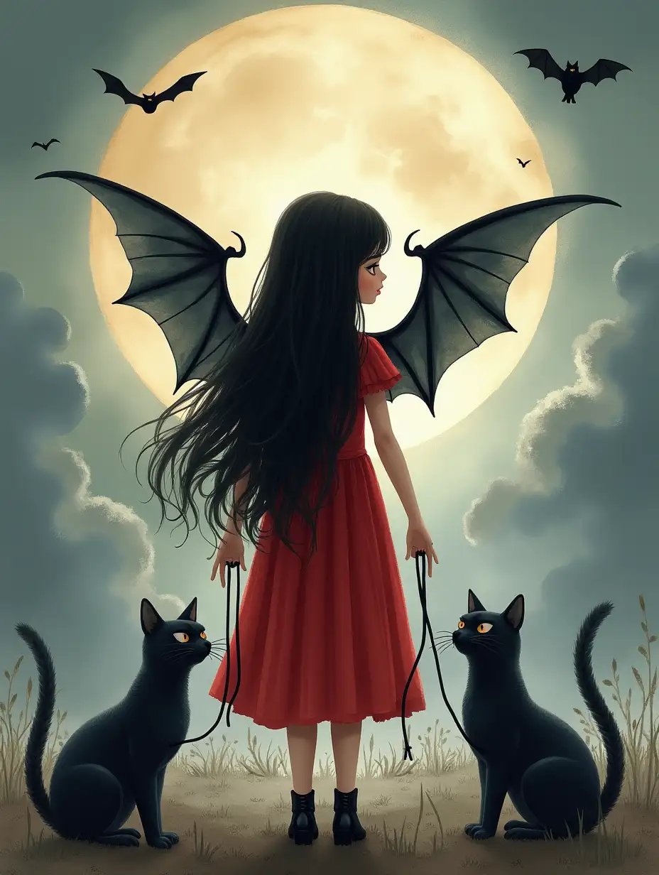 Gothic-inspired watercolor illustration of a young girl with bat wings and dark flowing hair, wearing a red dress, and holding black cats on leashes. The scene is bathed in the soft glow of a full moon, with misty clouds and a dreamy, eerie atmosphere. The colors are muted, with soft, blended textures, creating a hauntingly beautiful image. Created using: gothic art style, watercolor effects, muted tones, detailed character design, mystical mood, soft lighting