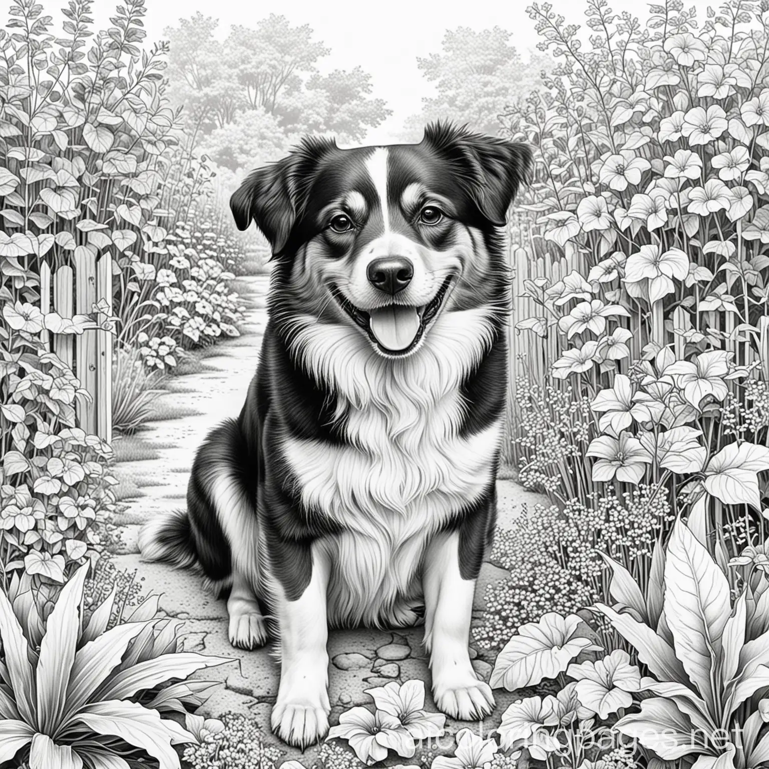 happy dog in garden, Coloring Page, black and white, line art, white background, Simplicity, Ample White Space
