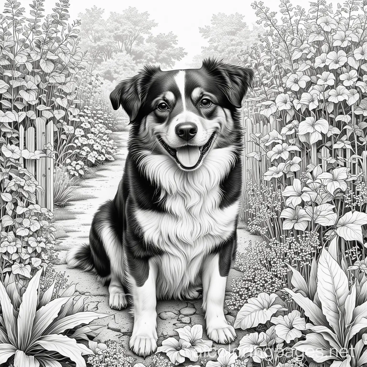 Happy-Dog-Coloring-Page-in-Garden