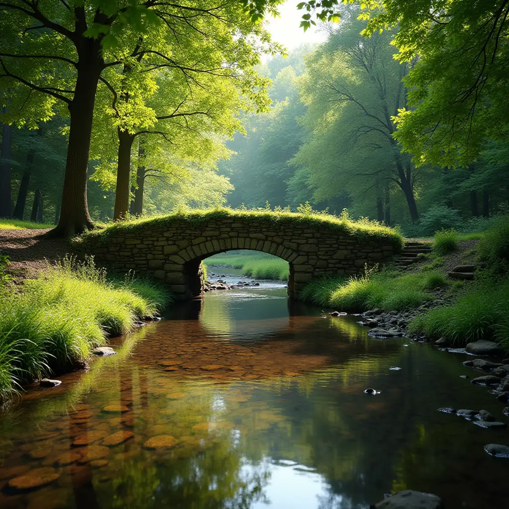 Small-Stone-Bridge-Over-a-Creek-in-Summer-with-Bright-Light