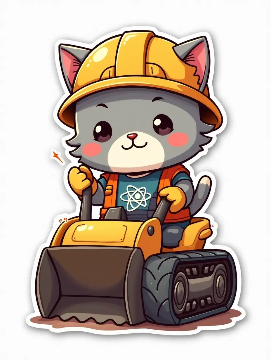 kawaii positive little happy electrician light gray cat in in protective helmet and gloves with of an atom symbol on t-shirt, controls a mini excavator with a large bucket. die cut sticker design top-view, high resolution, vector art, white background, paint in anime style