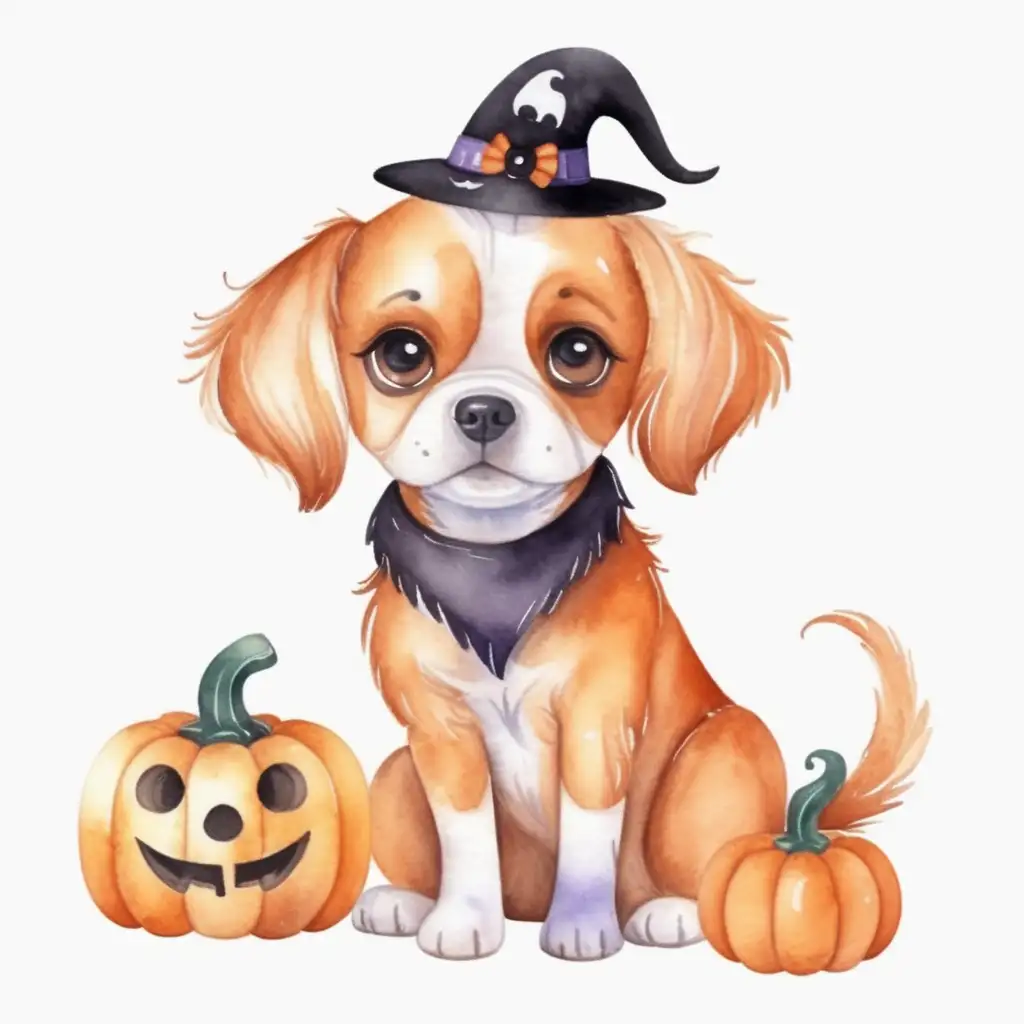 Watercolor Cute Halloween Dog with Pumpkin