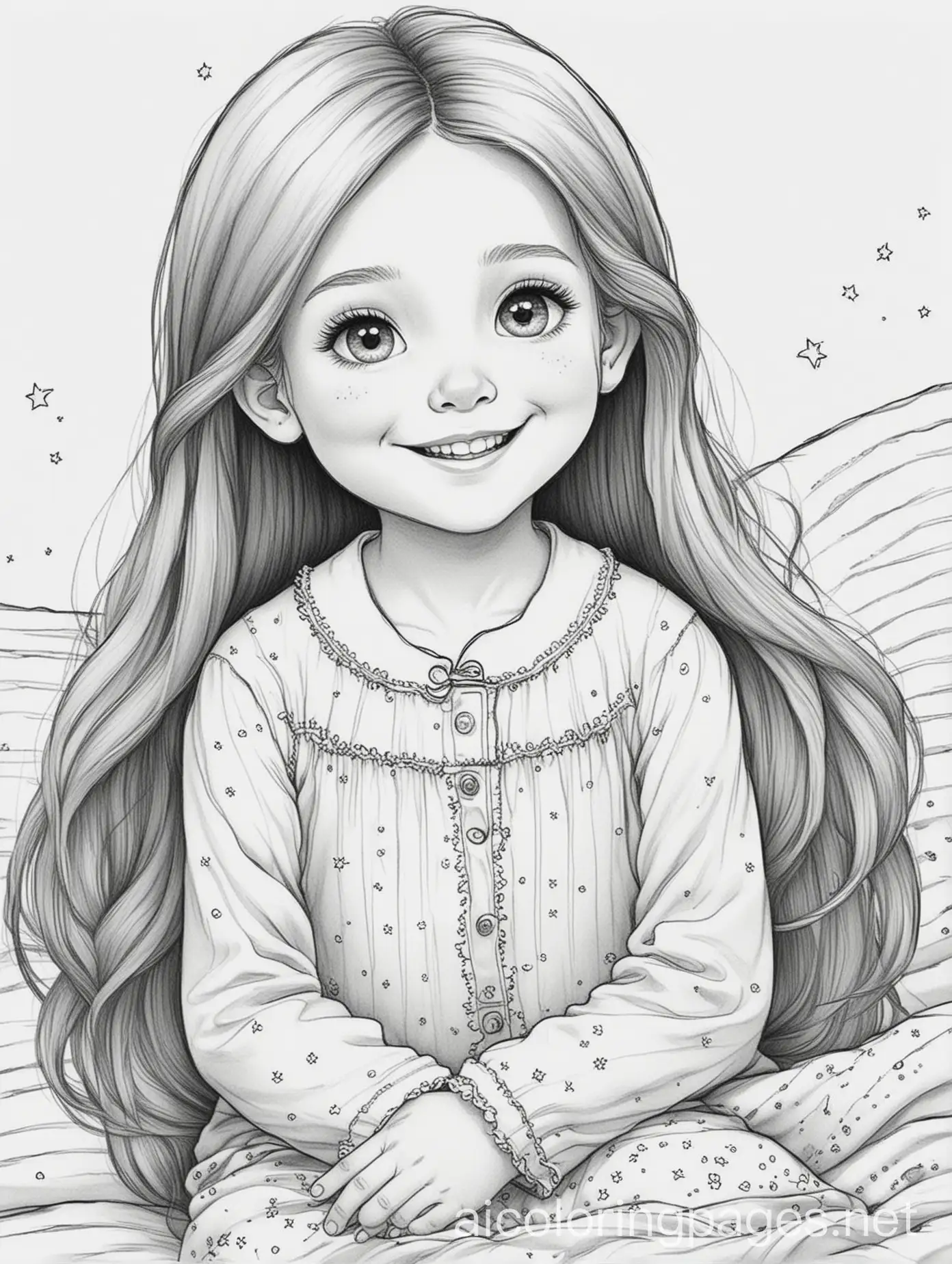 Happy-Young-Girl-with-Long-Ombre-Hair-in-Night-Pajamas-Coloring-Page