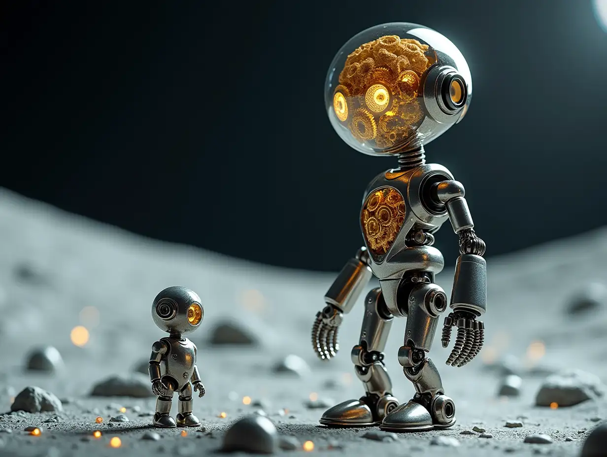 Create a high-resolution, realistic image of artificial intelligence Robert, two meters and a robot one meter high, with gears on arms and legs, gears on cheeks and a glass head with visible gold plated brain, screws with many gears, and many small glass balls on the moon ground at 4k resolution