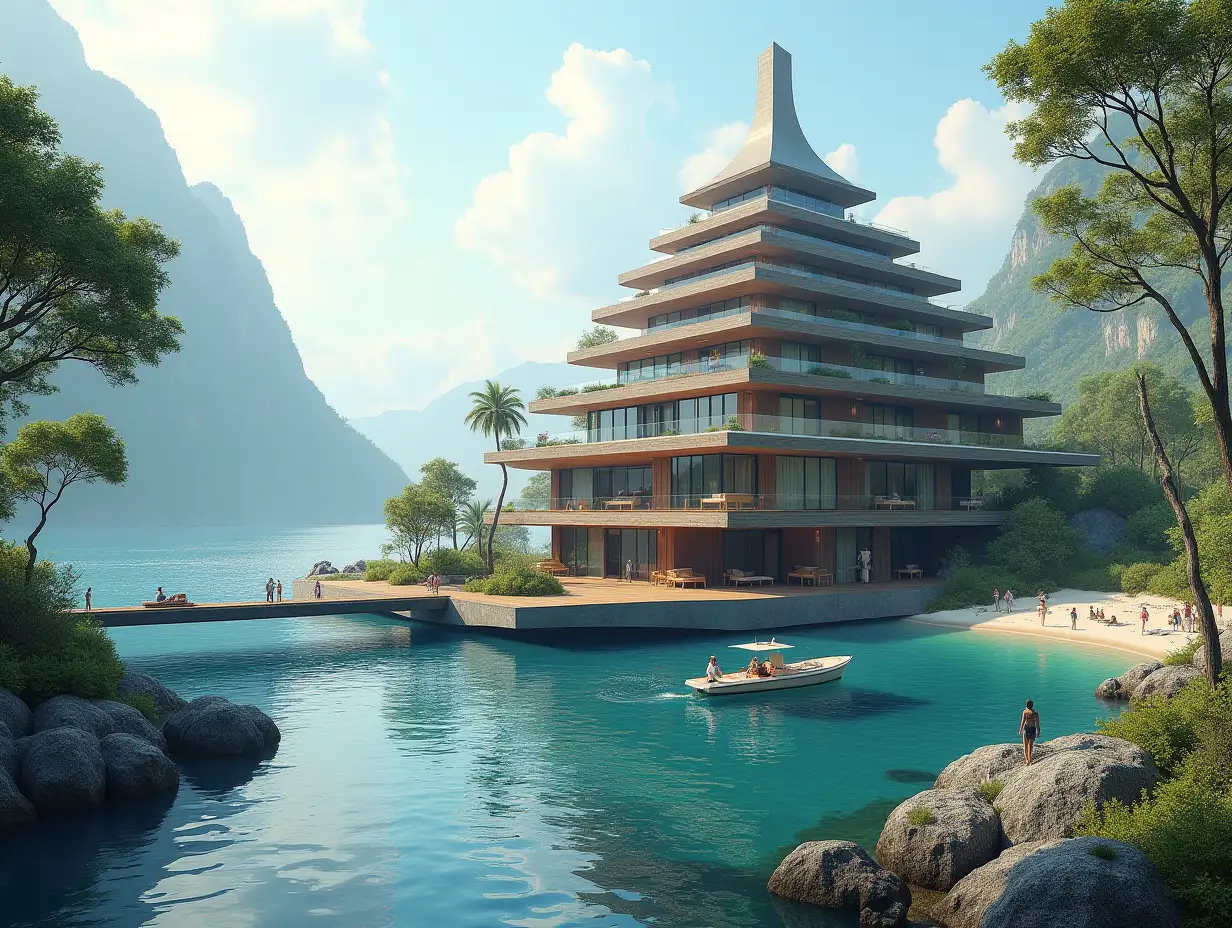 Create a high-resolution, realistic panorama image of a futuristic terrace building with window pyramid house with bridge, a yacht and a small boat beach with people, many plants and grey and brown facades with sea with waves, large trees, black clouds