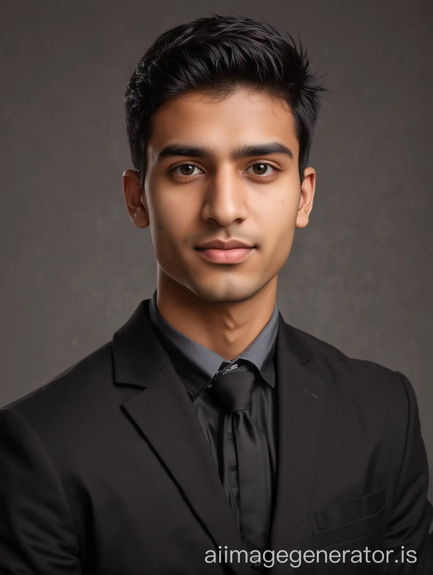 A 25-year-old Indian young man with fair skin and a medium build, dressed in a black blazer for a professional LinkedIn photo.