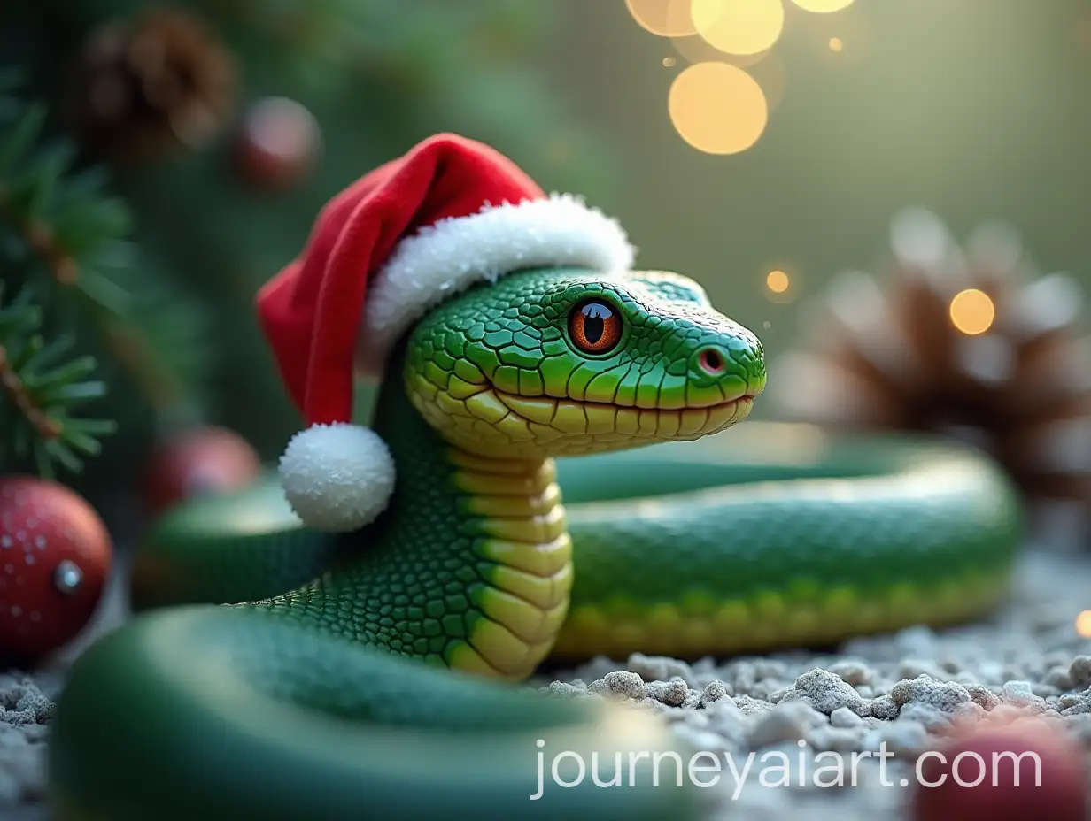 Cheerful-Green-Snake-with-Santa-Hat-Surrounded-by-Festive-Decor-and-Sparkles