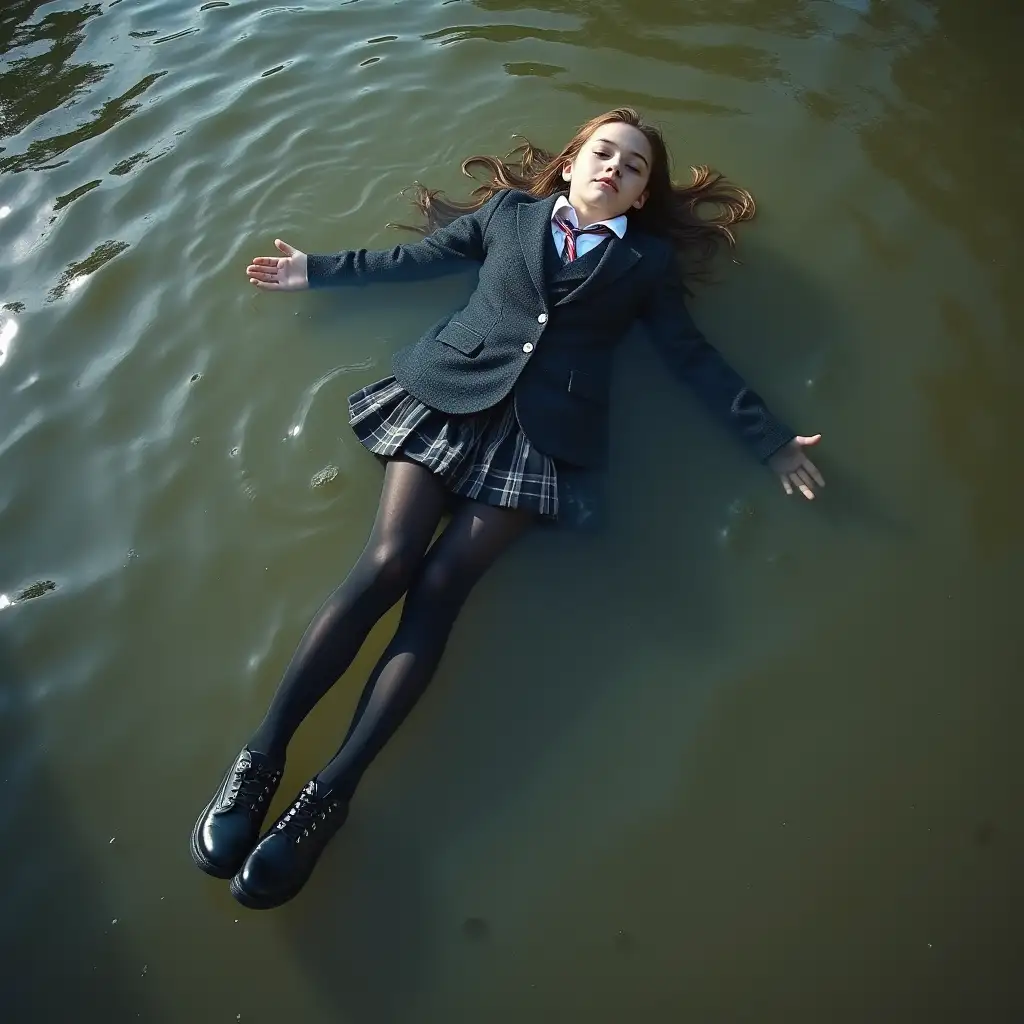 A young schoolgirl in a school uniform, in a skirt, jacket, blouse, dark tights, high-heeled shoes. She is swimming in a dirty pond, lying underwater, all her clothes are completely wet, wet clothes stick to her body, the whole body is underwater, submerged in water, under the surface of the water, below the water's edge.