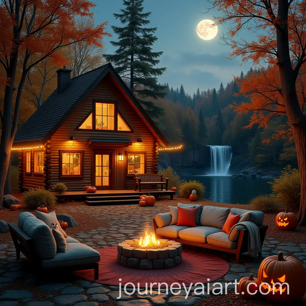 Cozy-Autumn-Night-Forest-Cabin-with-String-Lights-and-Pumpkins