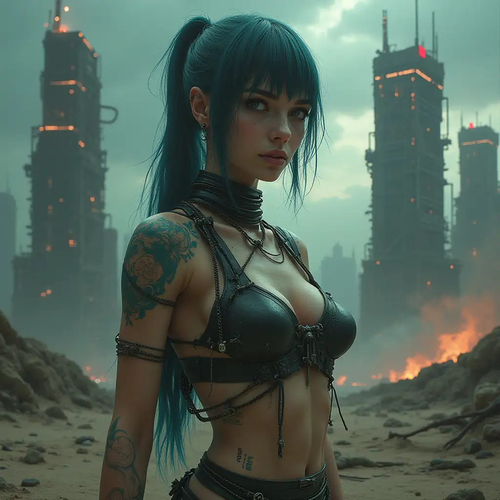 A highly detailed, digital painting of a cybernetically enhanced, androgynous figure in a post-apocalyptic wasteland. The figure is adorned with bioluminescent tattoos and implants, and their clothing is a mix of tattered remnants and advanced, synthetic materials. The background is a desolate, barren landscape with towering, rusted skyscrapers and a stormy sky. Dramatic lighting, cinematic composition, 8k resolution. Art by both Alphonse Mucha and Simon Stålenhag.