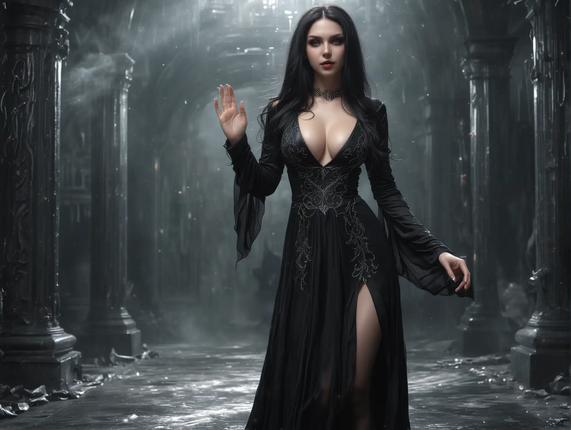 (Masterpiece, Top Quality, Best, Official Art, Beautiful and Aesthetic, Long Exposure: 1.2), Smooth Movement, Charming Patterns, elf sexy evil woman, (beautiful black long dress with Sleeves: 1.4), (((black Clothes) )), (искушение: 1.3), лицо крупным планом, (зловещий взгляд: 1.4), bare shoulders, blush, (black long hair: 1.4), black lob hair, blue eyes, (evil smile: 1.4), portrait, solo, (hands up: 1.4), (big breasts: 1.6), (sexy elf evil woman: 1.4), looking at the observer, (black tights: 1.4), detailed background, (Dominant character: 1.4), detailed beautiful evil face, black shoes, (crystallineAI, crystalline theme: 1.1), elemental wind elves, rotation Wind, control the wind, white crystal clothing, динамическая поза, floating particles, ethereal dynamics, whirlwind, vapor, whirlwind in the background, white tone, whirlwind, evil atmosphere,