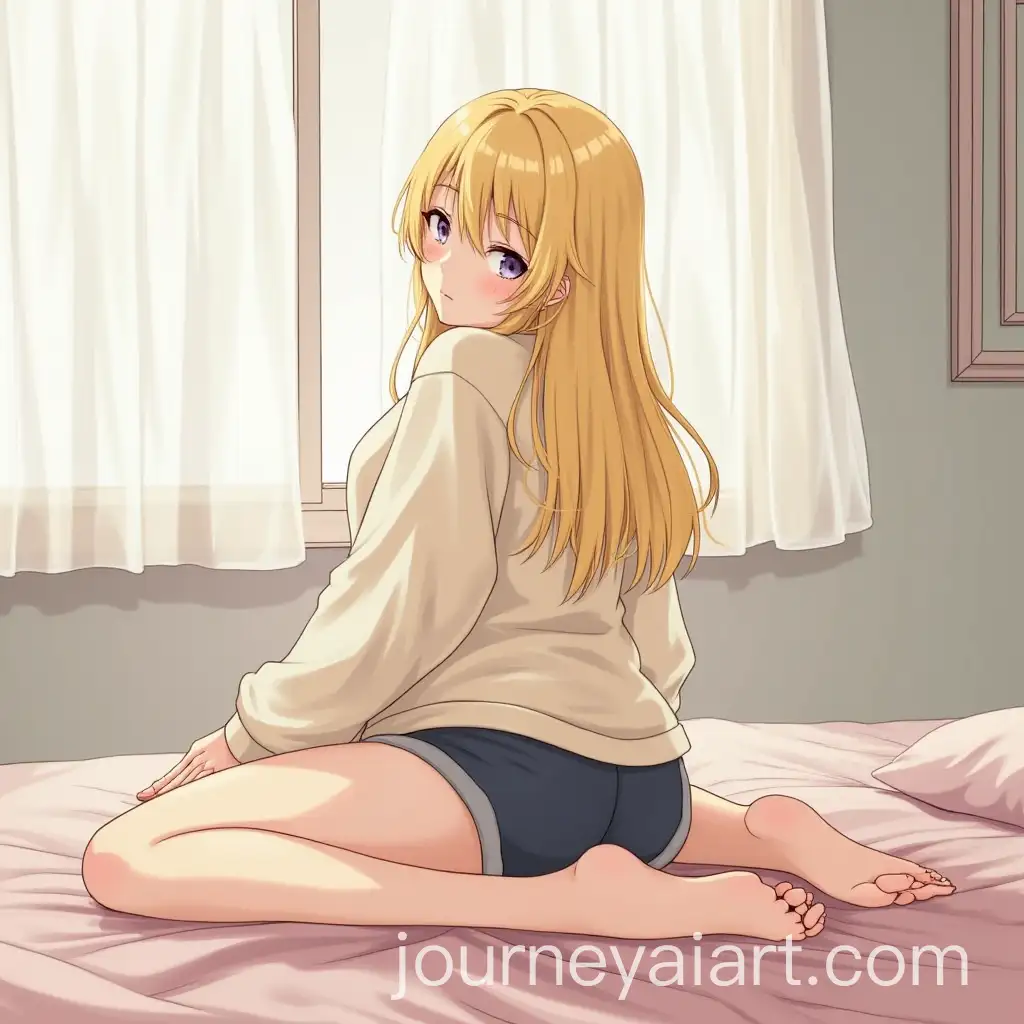 Blonde-Girl-in-Sweater-and-Shorts-Barefoot-on-Bed-Looking-Back
