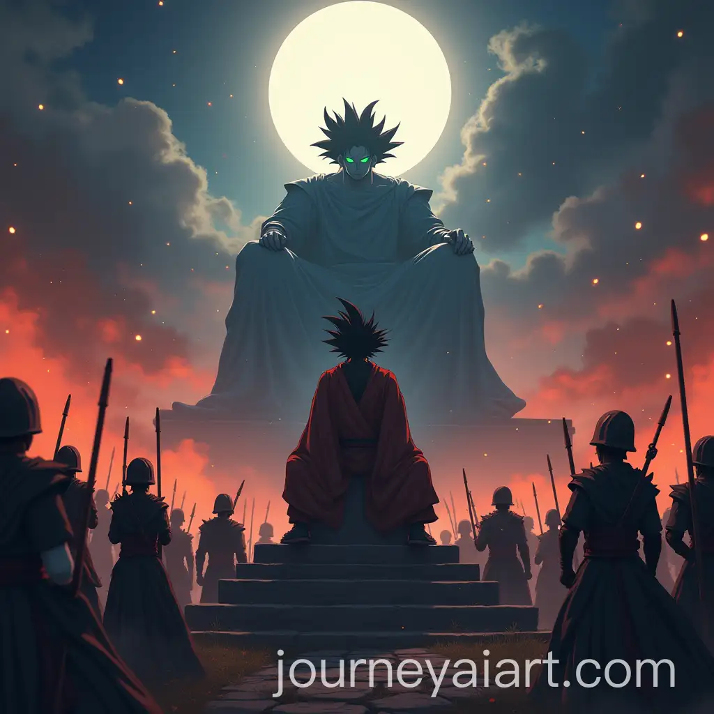 Son-Goku-Wo-Watching-Over-Soldiers-from-a-High-Throne-in-a-Fantasy-War-Scene