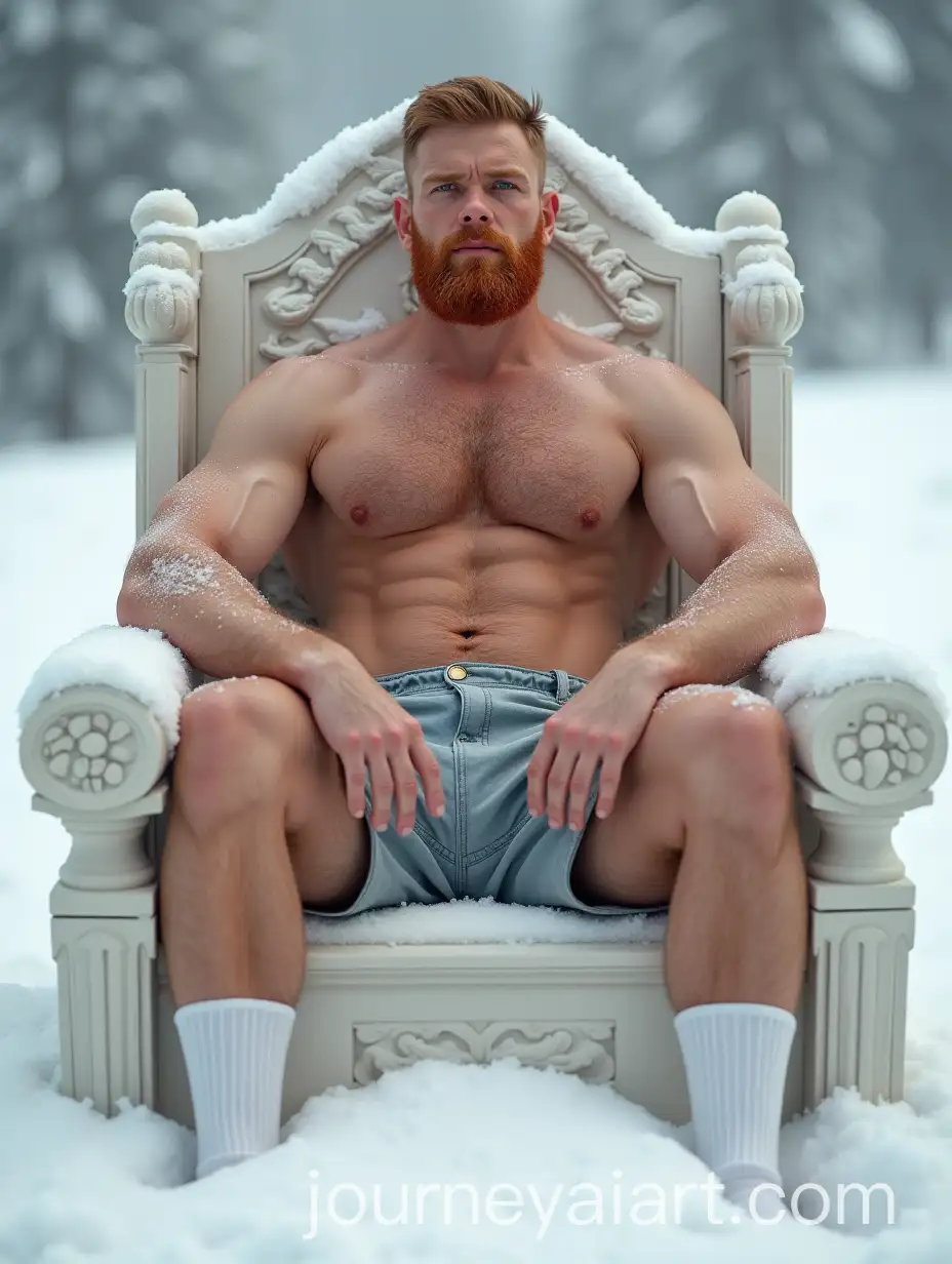 Strong-Ginger-Man-with-Stubble-Sitting-on-Snow-Throne-in-Winter-Setting