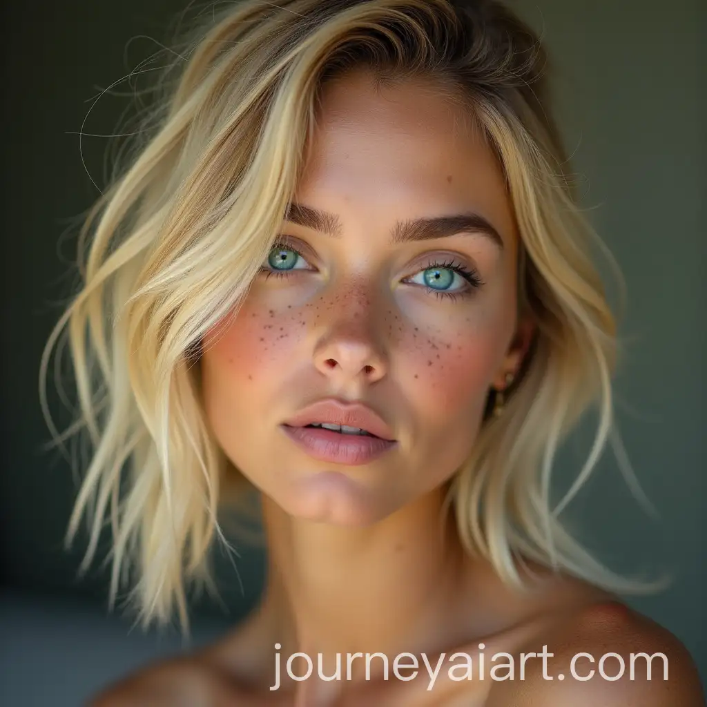 Freckled-Tan-Woman-with-Blonde-Sweepy-Bob-and-Turquoise-Eyes-Portrait