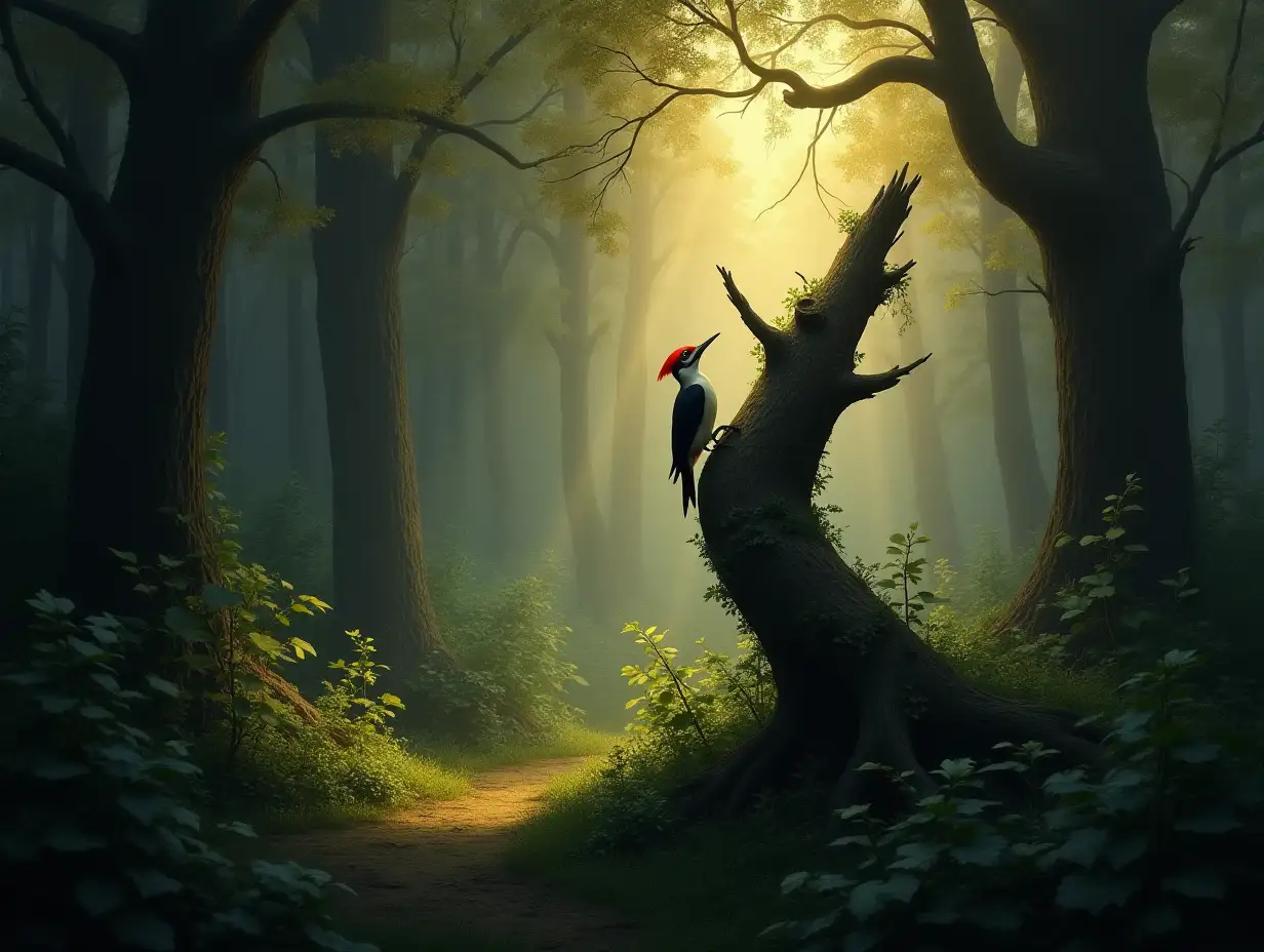 Woodpecker-on-Crippled-Tree-in-a-Dense-Forest-at-Dawn