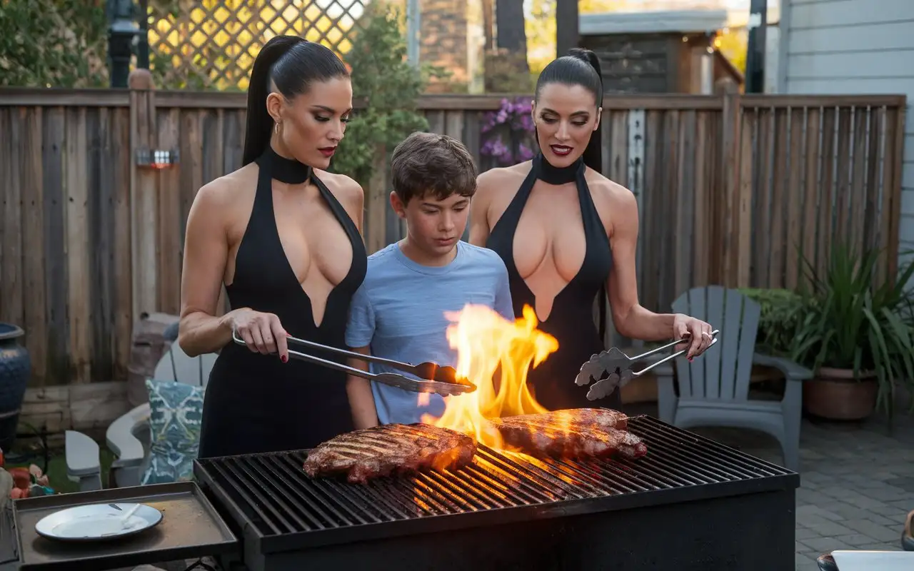 Two-Beautiful-Latina-Women-Grilling-in-Summer-Backyard-with-Hot-Flame-and-Coals