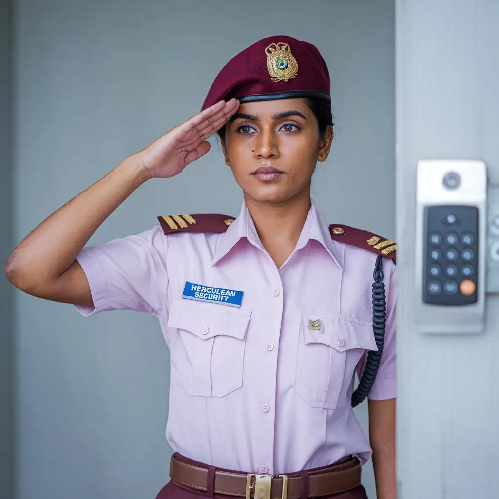 A Sri Lankan woman in a security guard uniform saluting, wearing a maroon beret with a badge, a light pink shirt with shoulder epaulettes, and a brown belt, the name tag on her shirt reads 'Herculean Security,' positioned against a clean gray background with a keypad lock system in view, her expression is professional and respectful, Photography, taken with a Sony Alpha 7 III using a 50mm f/1.8 lens for sharp details and soft bokeh