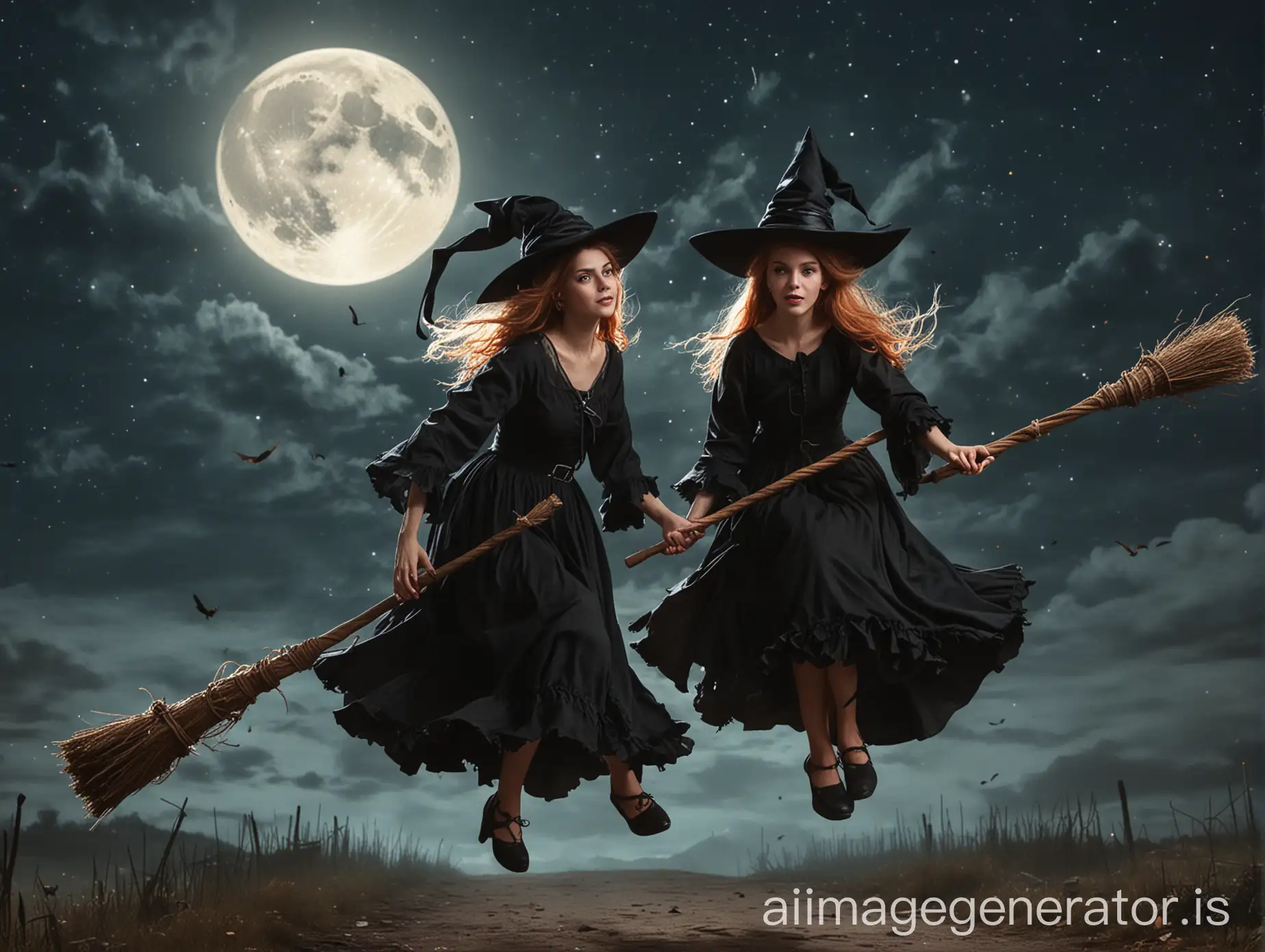 Two-Beautiful-Witches-Flying-on-Broomsticks-at-Night