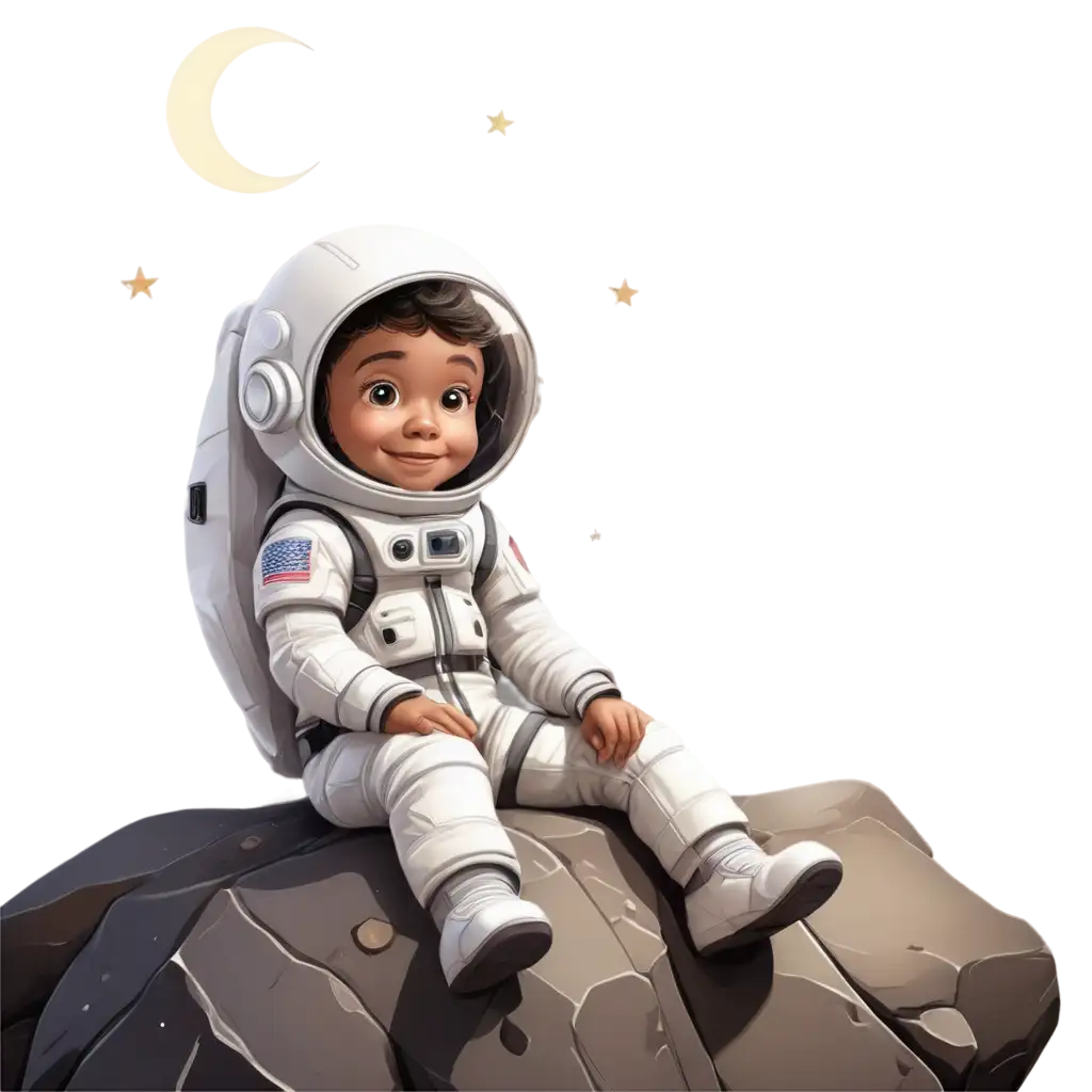 illustration of a child with a space suit on the lunar surface sitting on a rock