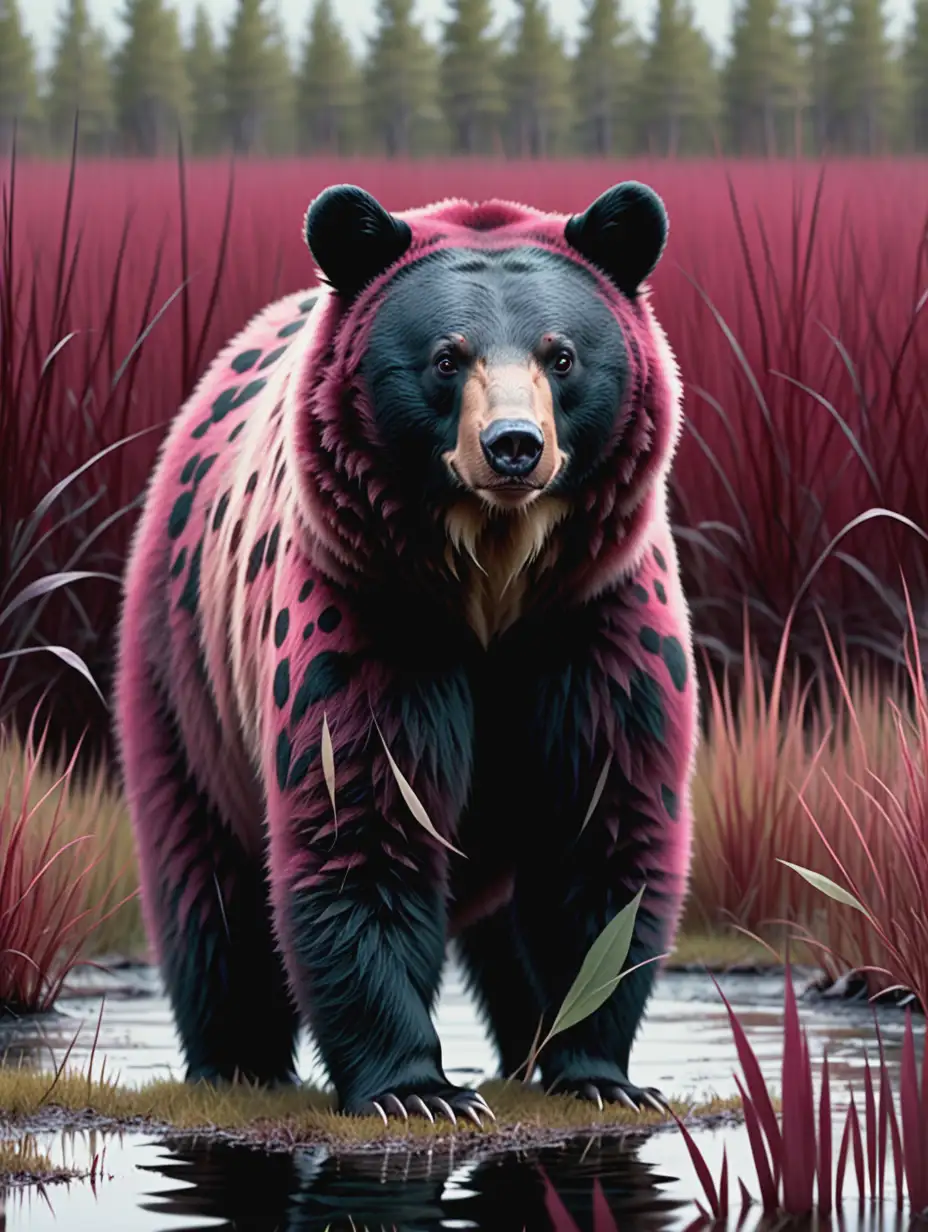 Fantasy Movie Still Black Bear with Spotted Fur in Maroon Marsh