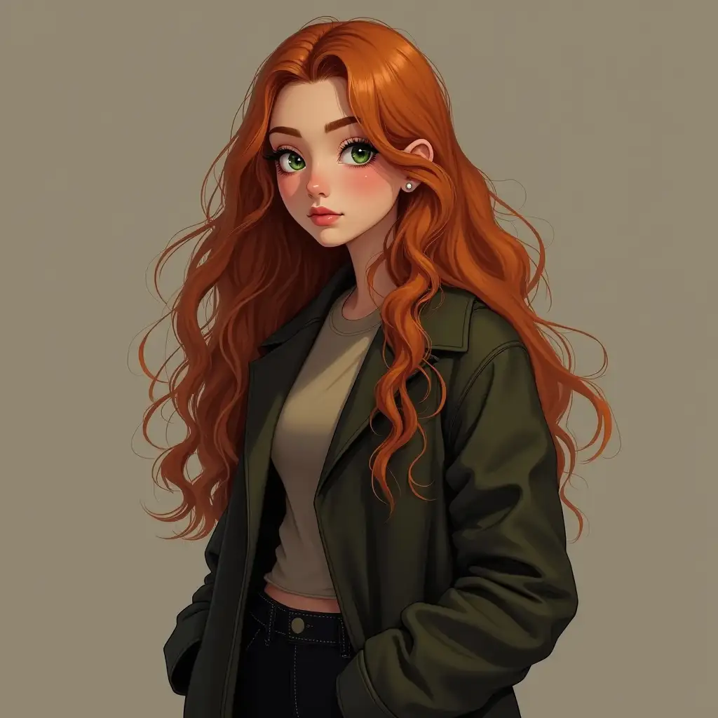 Green eyes, reddish-golden hair, Redmi a2+ phone, girl, name Taisia, oversize coat black wide jeans