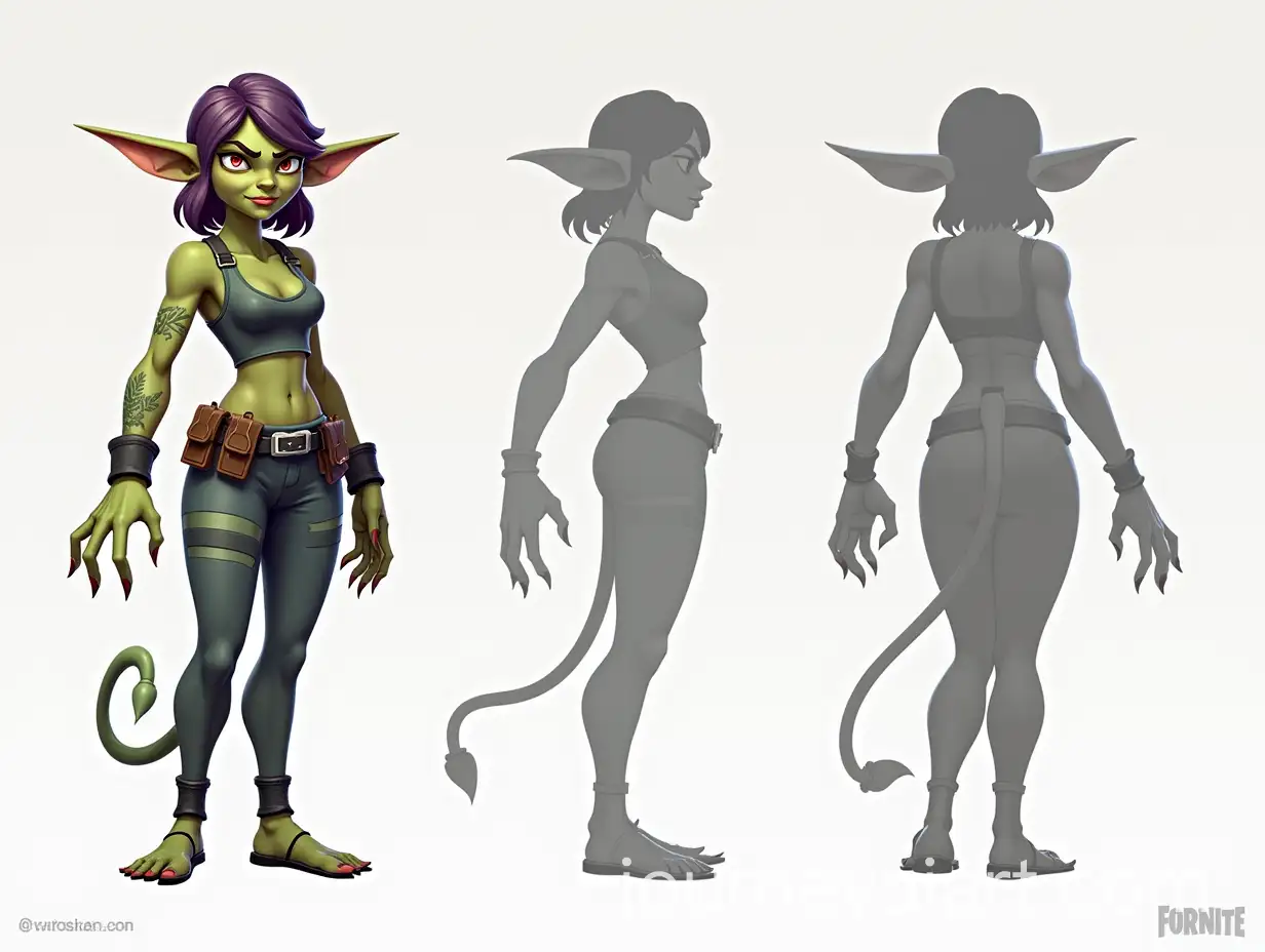 Stylized-Fortnite-Goblin-Female-Character-Sheet-inAI-Image-Prompt-Expansion-TPose-with-Three-Views