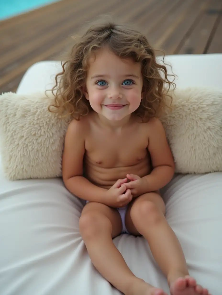 Shy-Little-Girl-Relaxing-on-Wooden-Deck-with-Blue-Eyes-and-Wavy-Hair