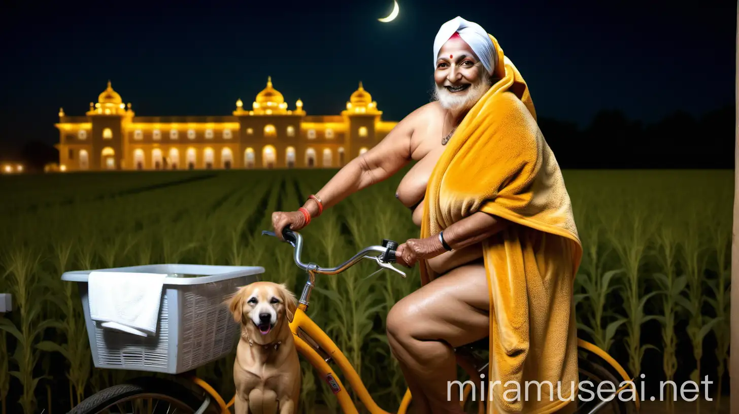 Joyful Mature Punjabi Sikh Woman in Golden Towel Riding Bicycle with Dog in Harvesting Field at Night