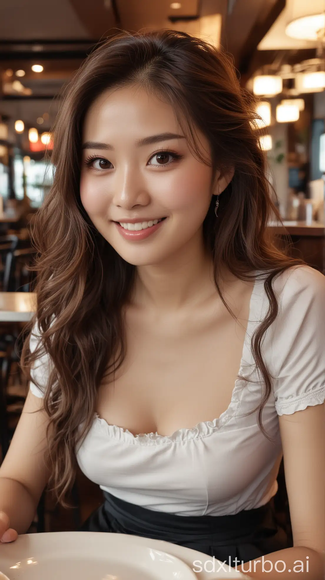 Chinese-Woman-with-Sweet-Smile-in-a-Restaurant-Low-Angle-Shot