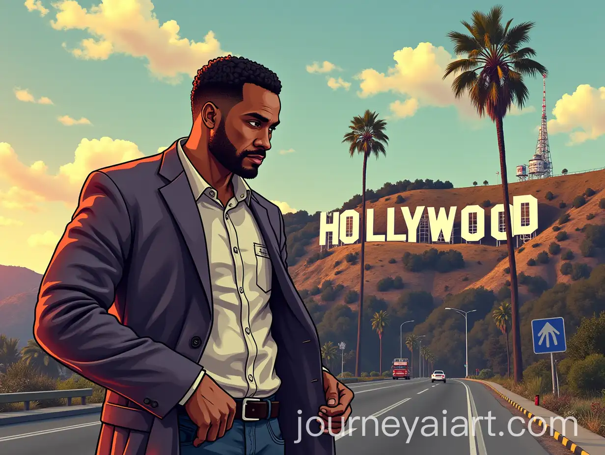 MixedRace-Man-Posing-in-Front-of-Hollywood-Sign-in-GTAInspired-Style