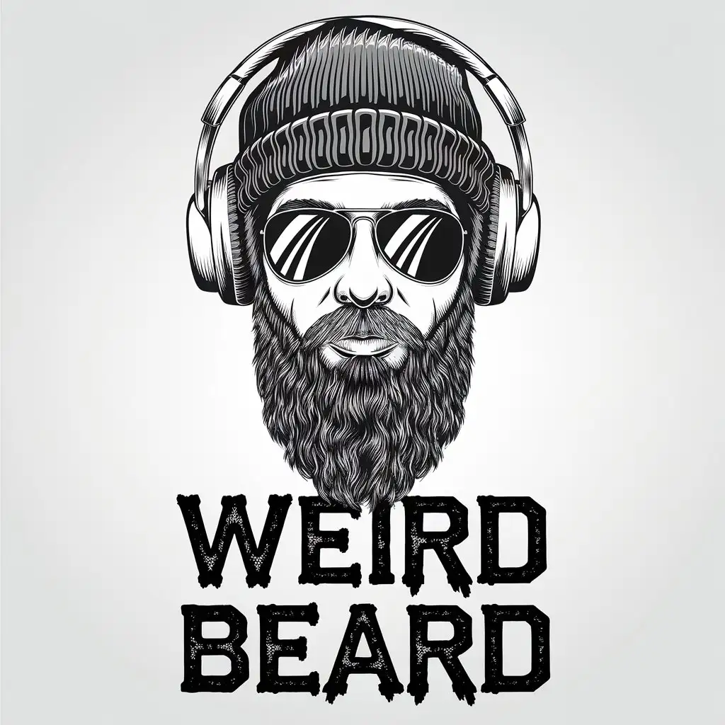 a vector logo design,with the text "Weird Beard", main symbol:A detailed black and white line drawing of a bearded man who wears a slouchy, black beanie that partially covers his forehead, with the rim slightly curved upwards, giving the impression of a laid-back, relaxed demeanor. A pair of sleek, silver headphones wrap around his ears, with thin, curved lines that add a touch of modernity to the overall design. The man is also wearing sunglasses, which adds a hint of mystery and coolness to his persona. The entire image is rendered in meticulous, hand-drawn lines. Have the logo name underneath, displaying a rough font face.,Moderate,be used in Entertainment industry,clear background